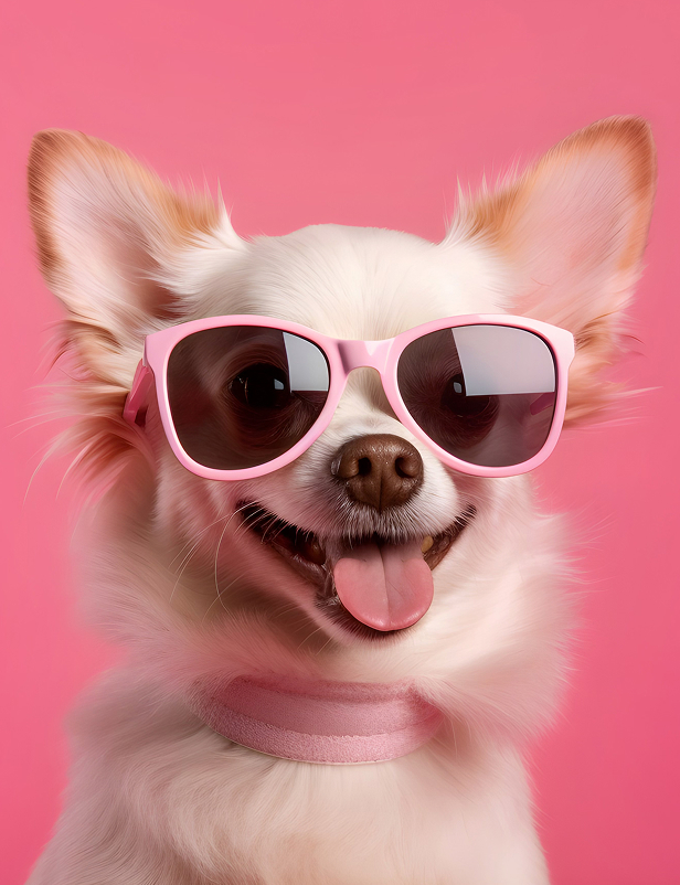 cute dog wearing pink sunglasses with pink background